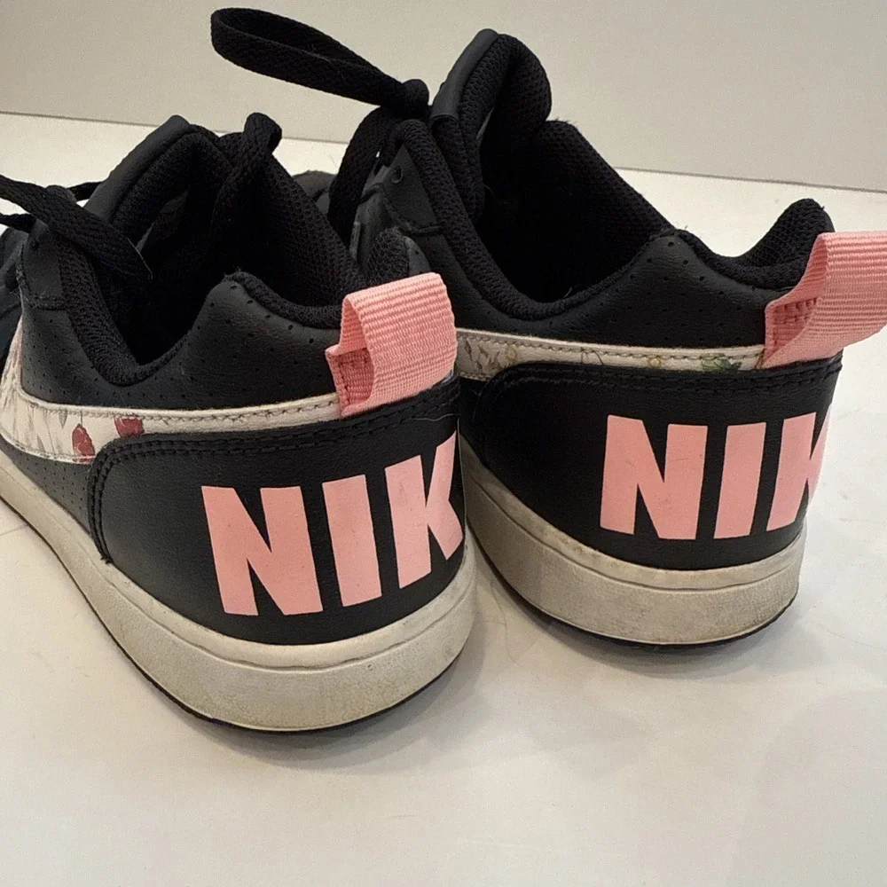 Nike Court Borough Black White Floral Leather Sneakers 7Y Youth Lace Up Tie Shoe